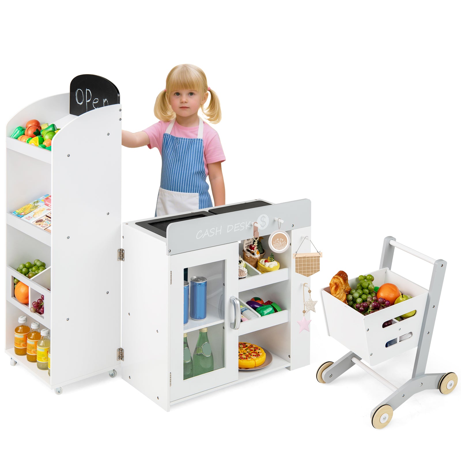 Kids Grocery Store Playset Convertible Wooden Play Store with Shopping Cart, White Play Kitchen Sets White at Gallery Canada