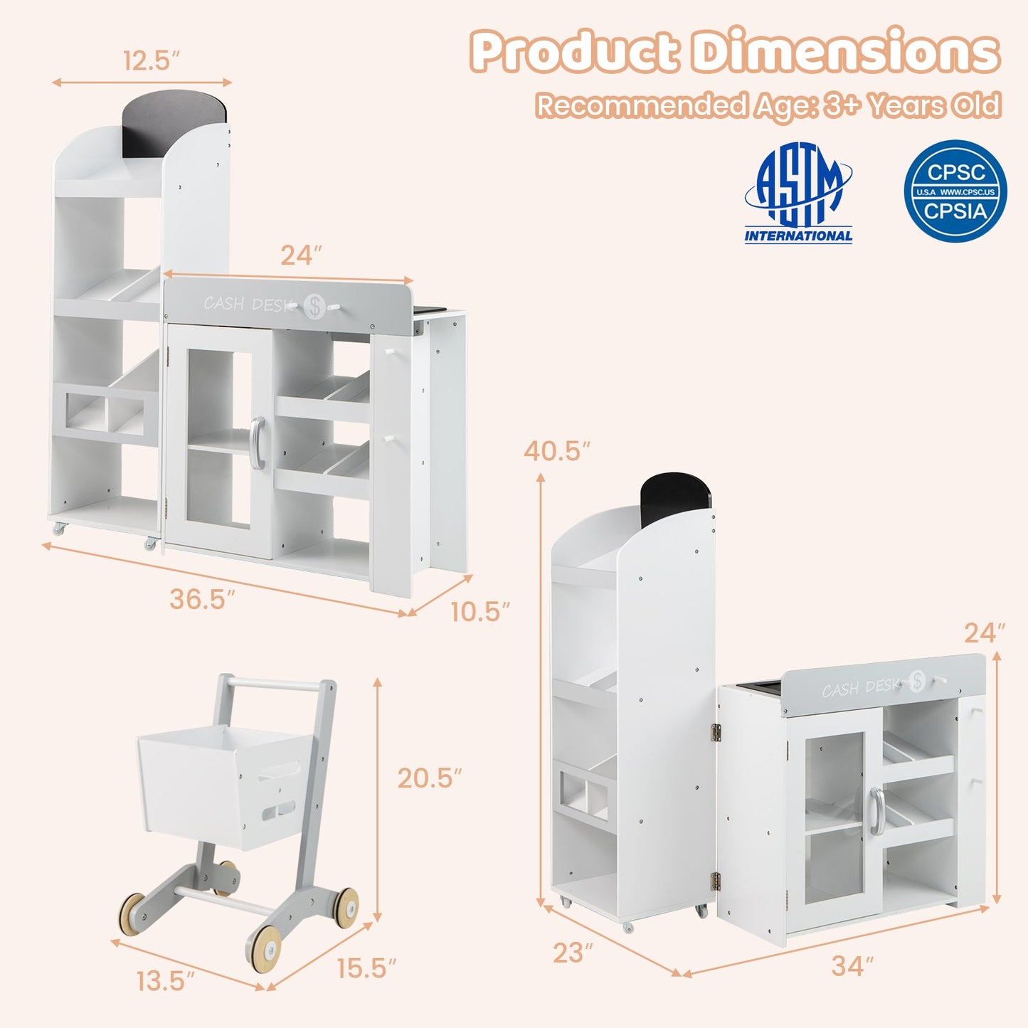Kids Grocery Store Playset Convertible Wooden Play Store with Shopping Cart, White Play Kitchen Sets at Gallery Canada