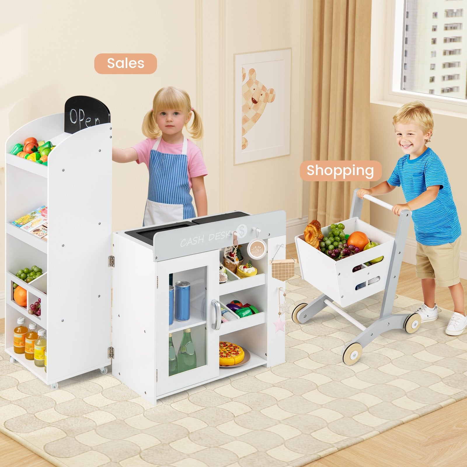 Kids Grocery Store Playset Convertible Wooden Play Store with Shopping Cart, White Play Kitchen Sets at Gallery Canada