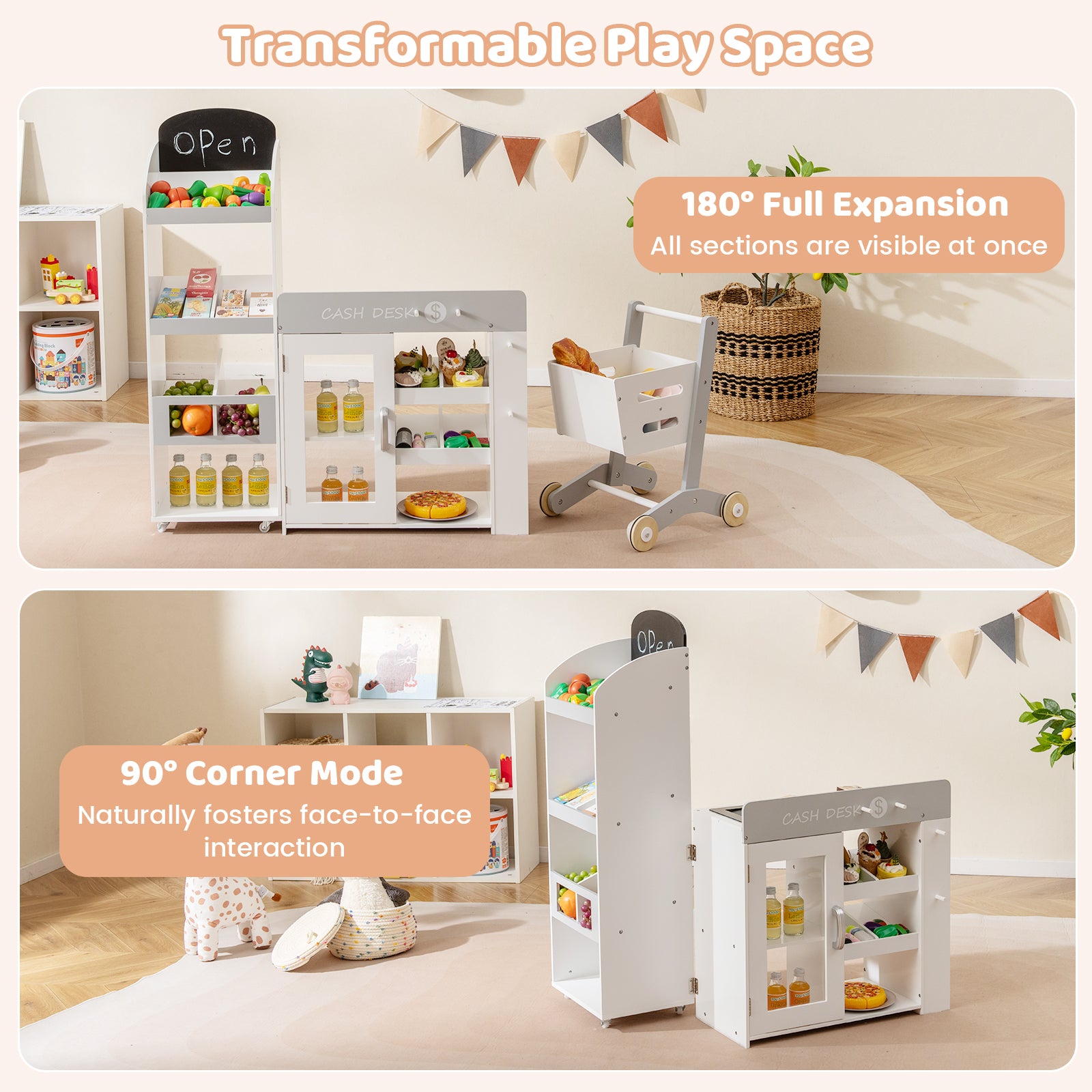 Kids Grocery Store Playset Convertible Wooden Play Store with Shopping Cart, White Play Kitchen Sets at Gallery Canada