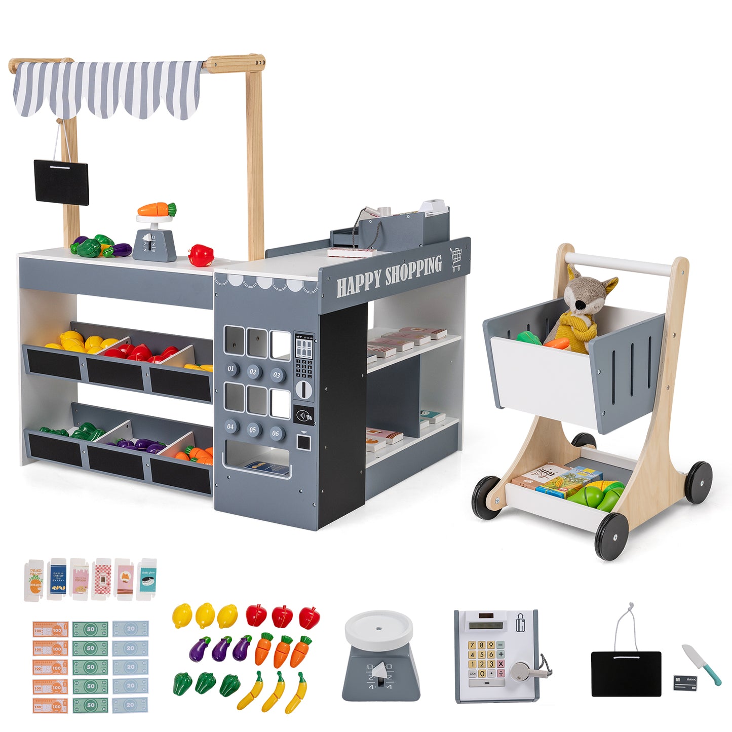 Kids Grocery Store Playset Wooden Pretend Play Supermarket with Shopping Cart, Gray