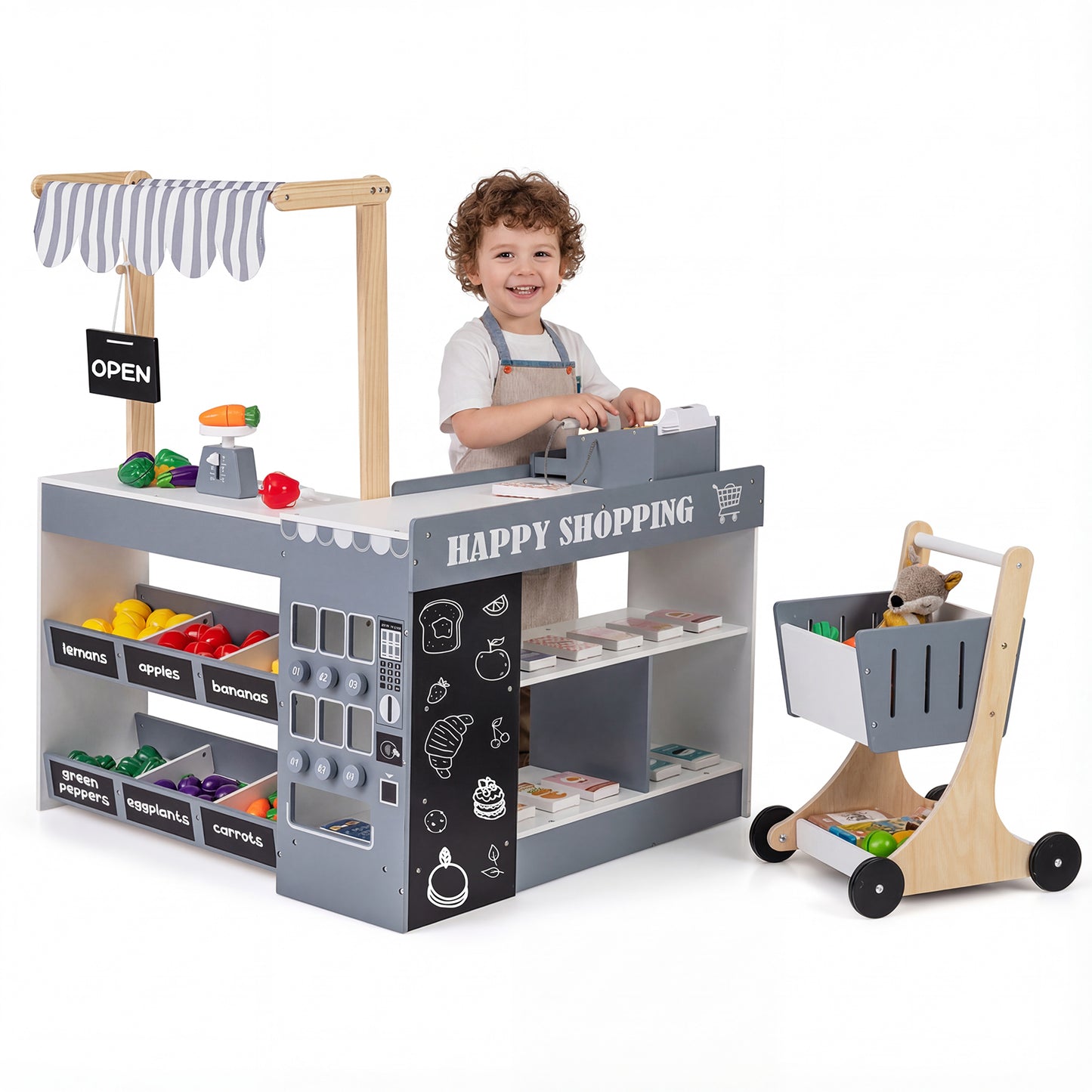 Kids Grocery Store Playset Wooden Pretend Play Supermarket with Shopping Cart, Gray Play Tents & Playhouse at Gallery Canada