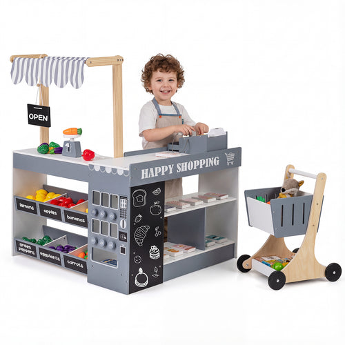 Kids Grocery Store Playset Wooden Pretend Play Supermarket with Shopping Cart, Gray