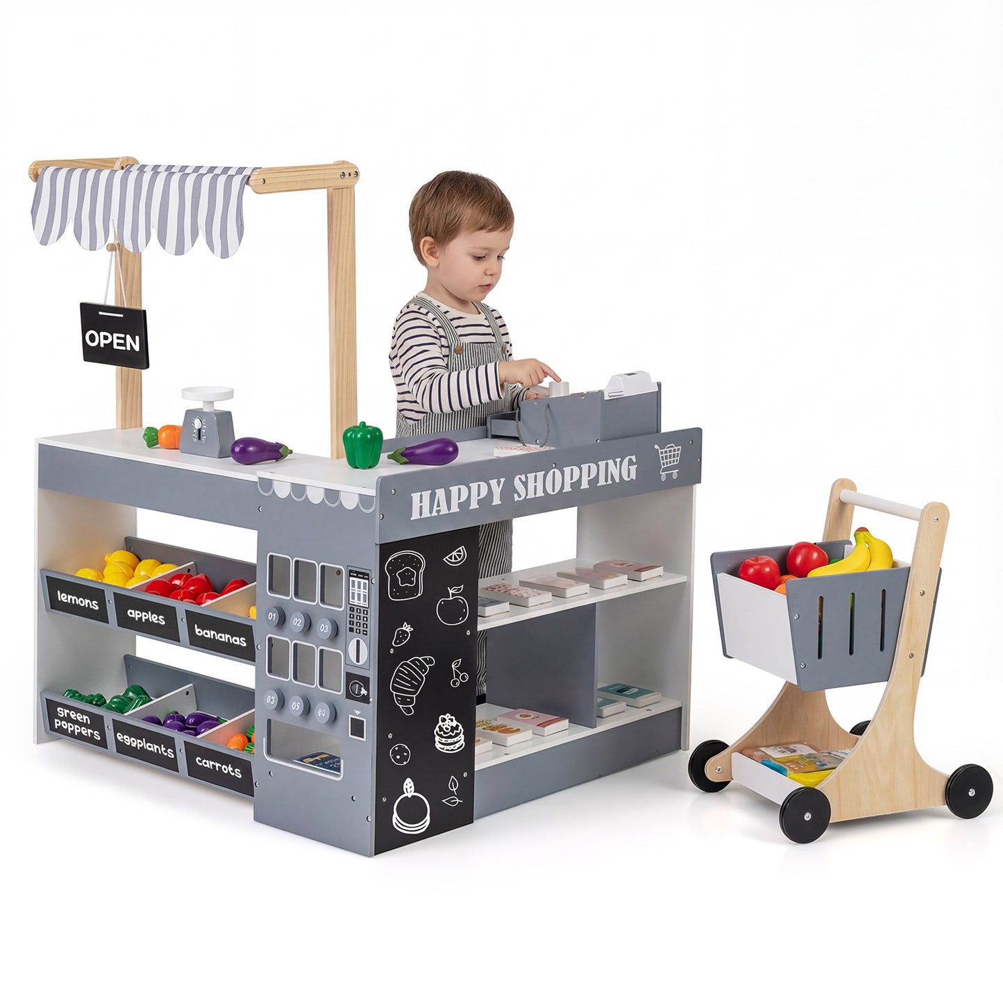 Kids Grocery Store Playset Wooden Pretend Play Supermarket with Shopping Cart, Gray Play Tents & Playhouse at Gallery Canada