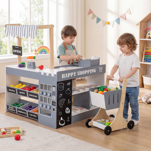 Kids Grocery Store Playset Wooden Pretend Play Supermarket with Shopping Cart, Gray