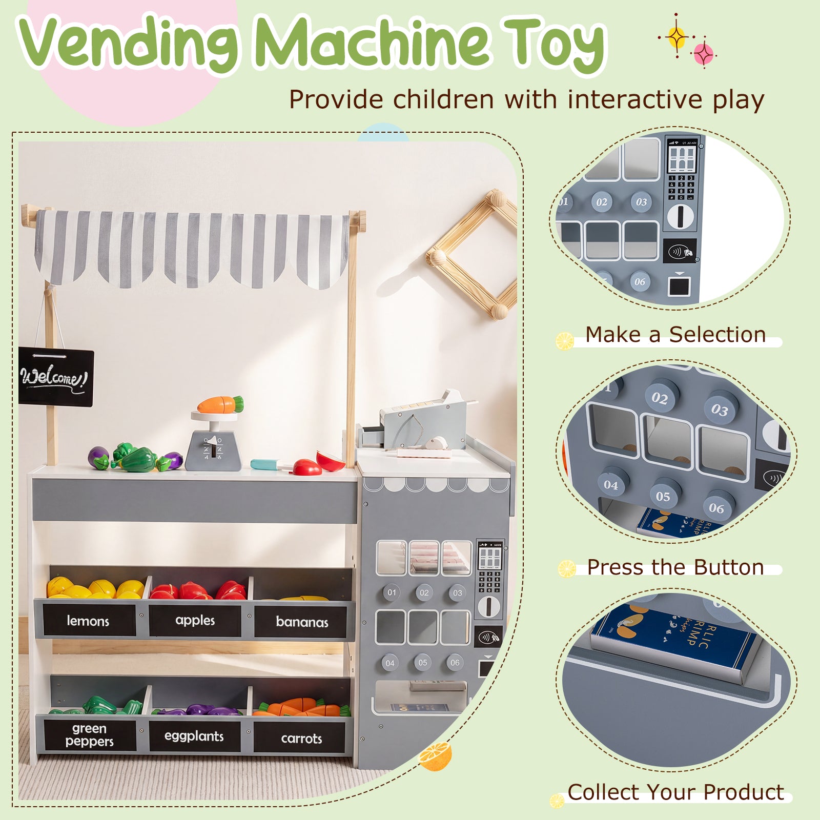 Kids Grocery Store Playset Wooden Pretend Play Supermarket with Shopping Cart, Gray Play Tents & Playhouse at Gallery Canada