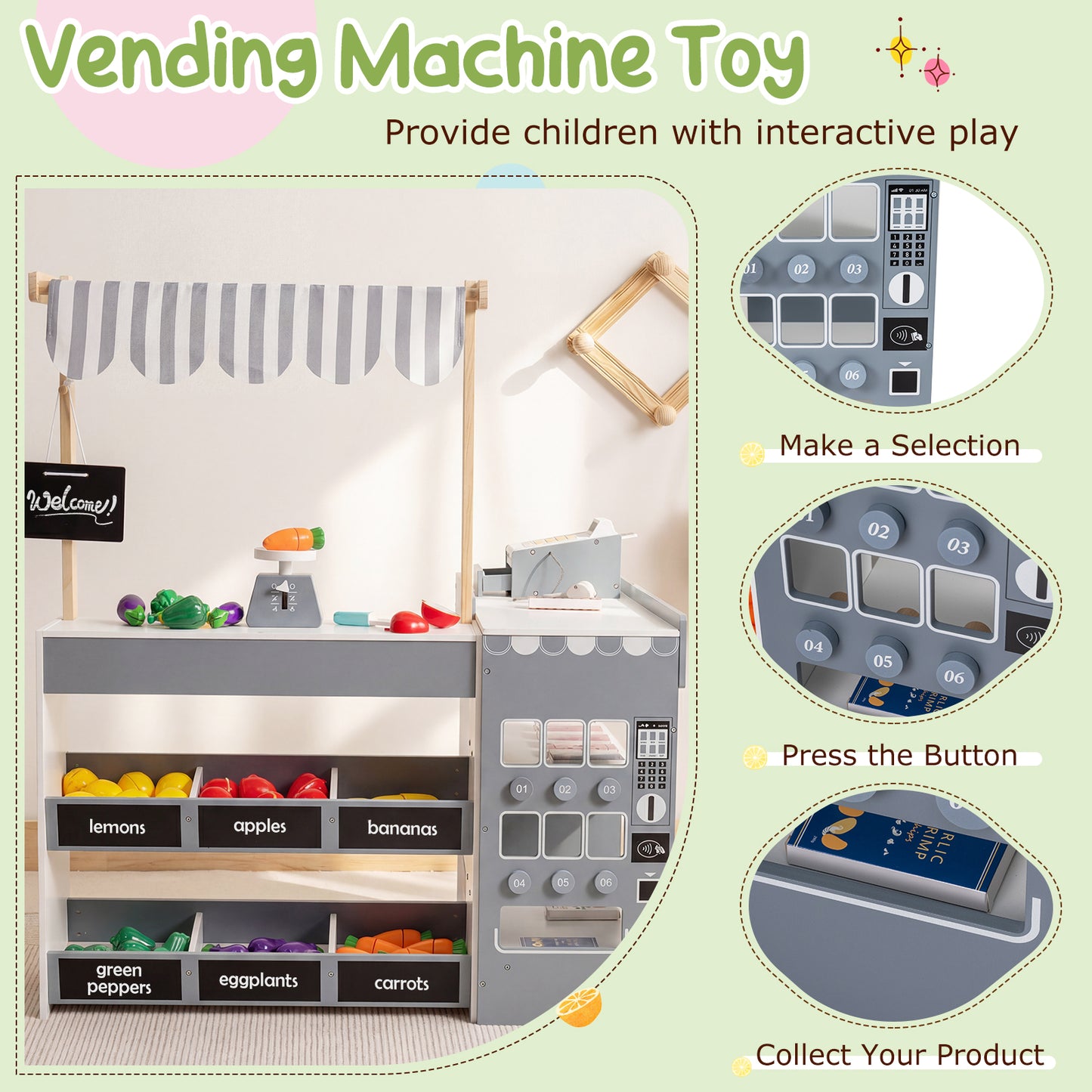 Kids Grocery Store Playset Wooden Pretend Play Supermarket with Shopping Cart, Gray Play Tents & Playhouse at Gallery Canada