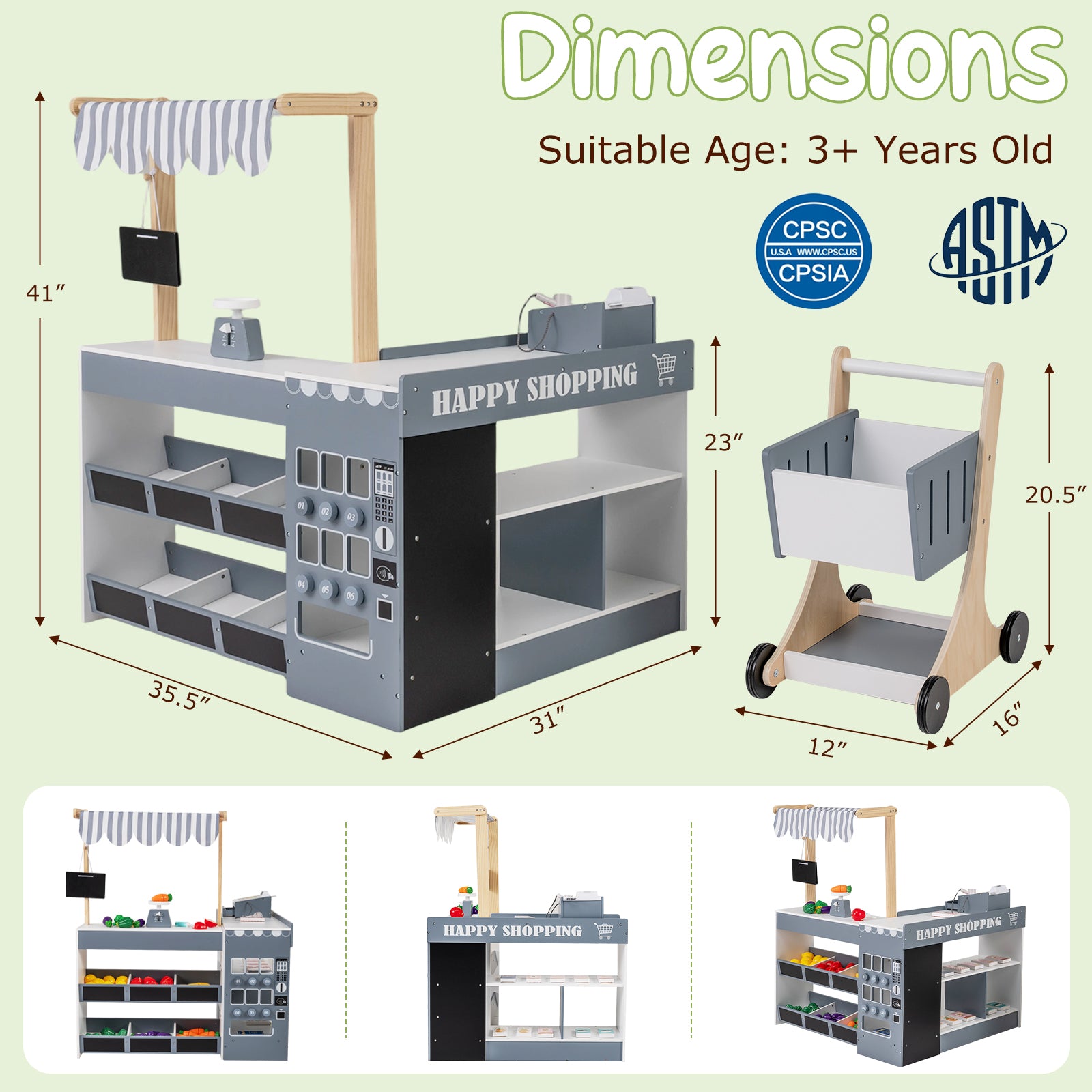 Kids Grocery Store Playset Wooden Pretend Play Supermarket with Shopping Cart, Gray Play Tents & Playhouse at Gallery Canada