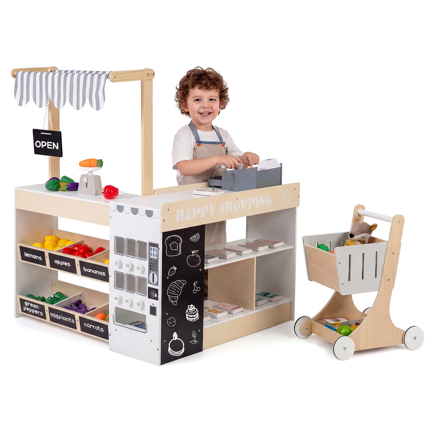Kids Grocery Store Playset Wooden Pretend Play Supermarket with Shopping Cart, Natural Play Tents & Playhouse at Gallery Canada