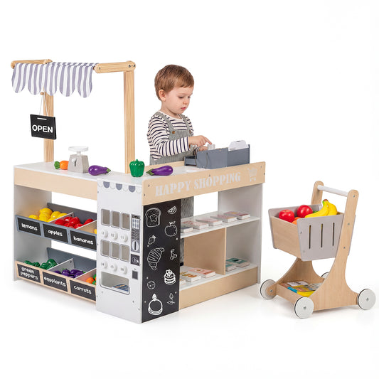 Kids Grocery Store Playset Wooden Pretend Play Supermarket with Shopping Cart, Natural Play Tents & Playhouse Natural at Gallery Canada