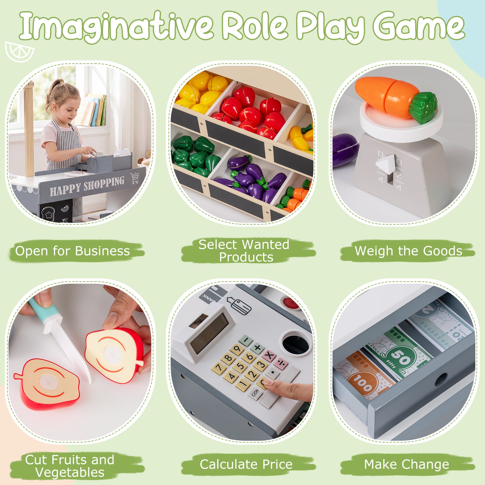 Kids Grocery Store Playset Wooden Pretend Play Supermarket with Shopping Cart, Natural Play Tents & Playhouse at Gallery Canada