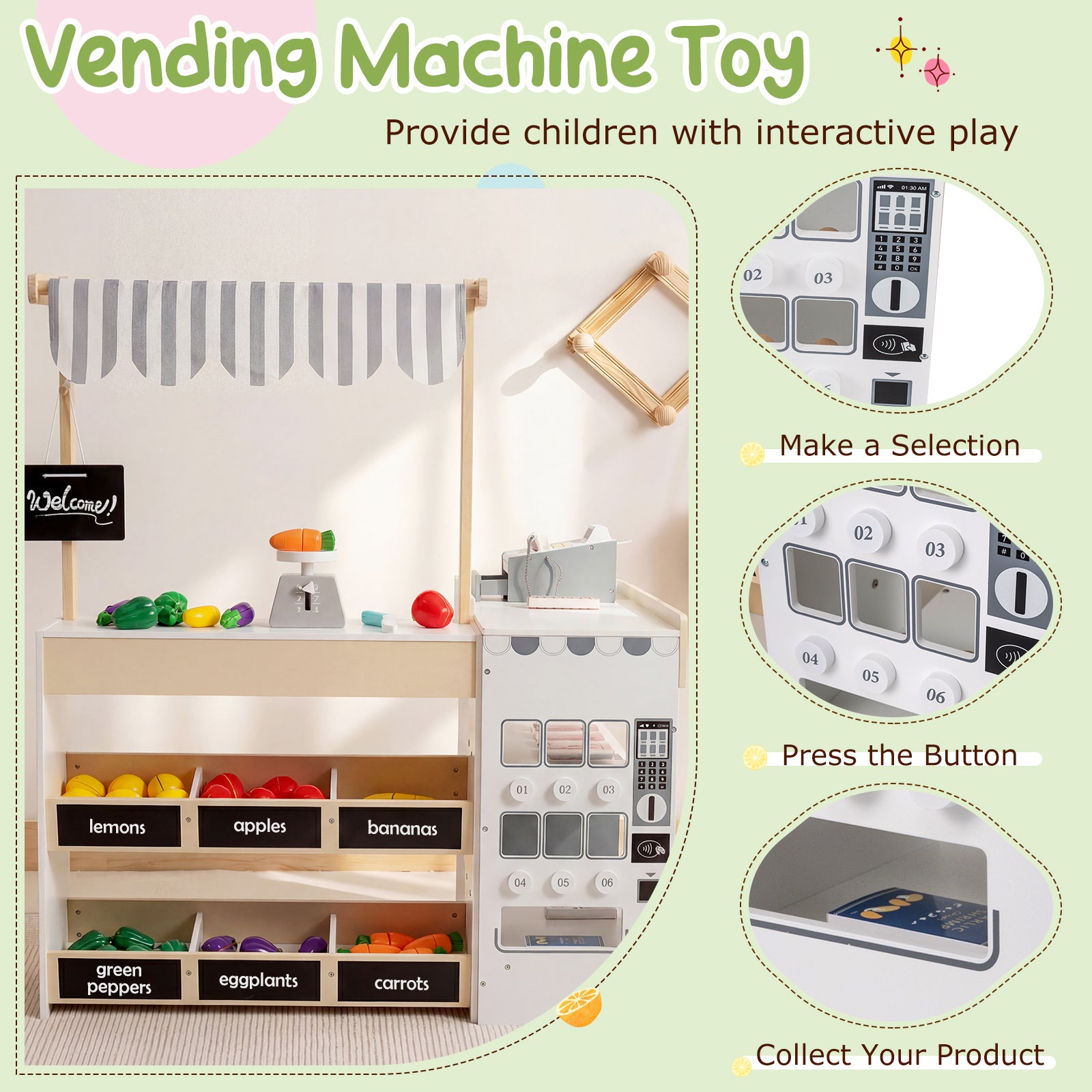 Kids Grocery Store Playset Wooden Pretend Play Supermarket with Shopping Cart, Natural Play Tents & Playhouse at Gallery Canada