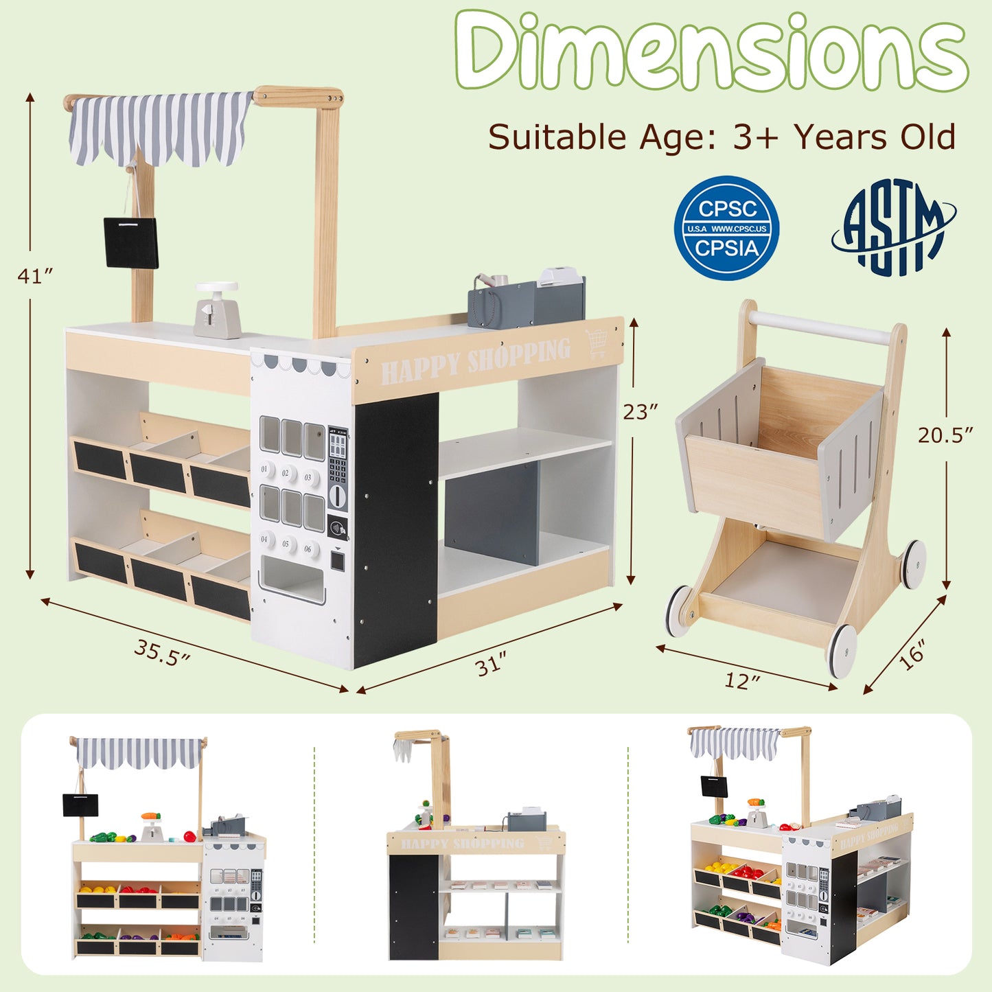 Kids Grocery Store Playset Wooden Pretend Play Supermarket with Shopping Cart, Natural Play Tents & Playhouse at Gallery Canada