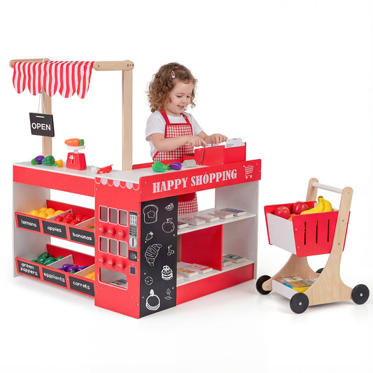 Kids Grocery Store Playset Wooden Pretend Play Supermarket with Shopping Cart, Red Play Tents & Playhouse Red at Gallery Canada