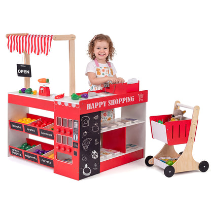 Kids Grocery Store Playset Wooden Pretend Play Supermarket with Shopping Cart, Red Play Tents & Playhouse at Gallery Canada