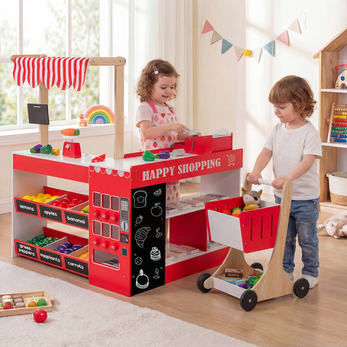 Kids Grocery Store Playset Wooden Pretend Play Supermarket with Shopping Cart, Red