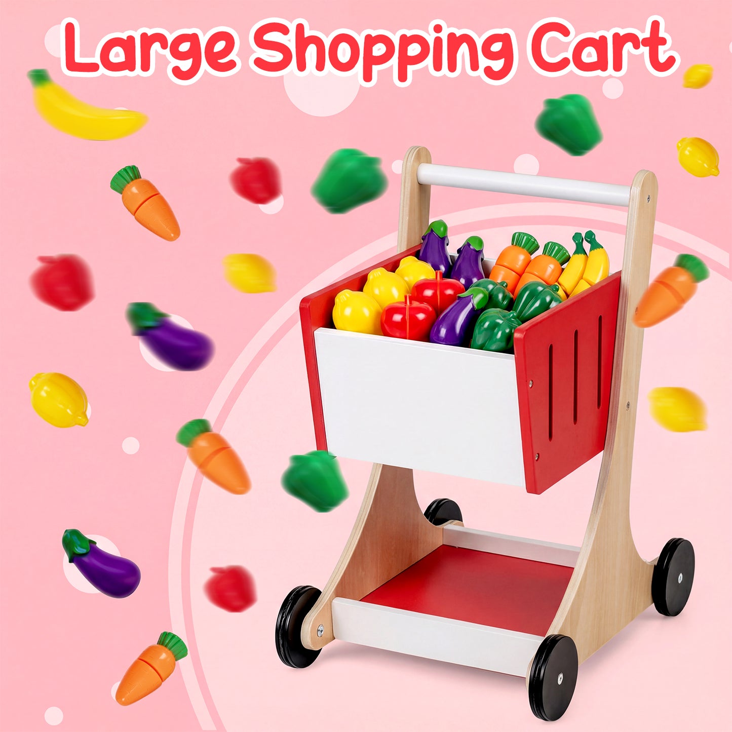 Kids Grocery Store Playset Wooden Pretend Play Supermarket with Shopping Cart, Red Play Tents & Playhouse at Gallery Canada