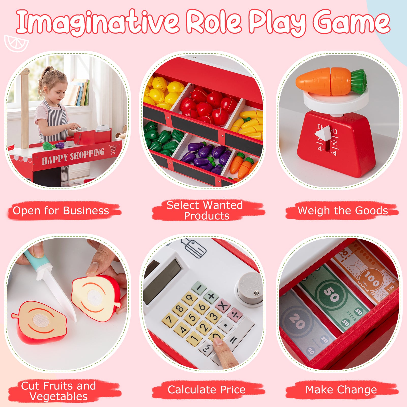 Kids Grocery Store Playset Wooden Pretend Play Supermarket with Shopping Cart, Red Play Tents & Playhouse at Gallery Canada
