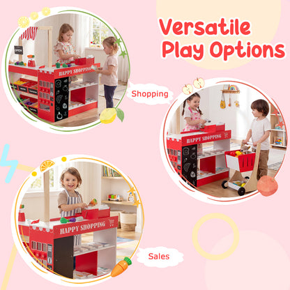Kids Grocery Store Playset Wooden Pretend Play Supermarket with Shopping Cart, Red Play Tents & Playhouse at Gallery Canada