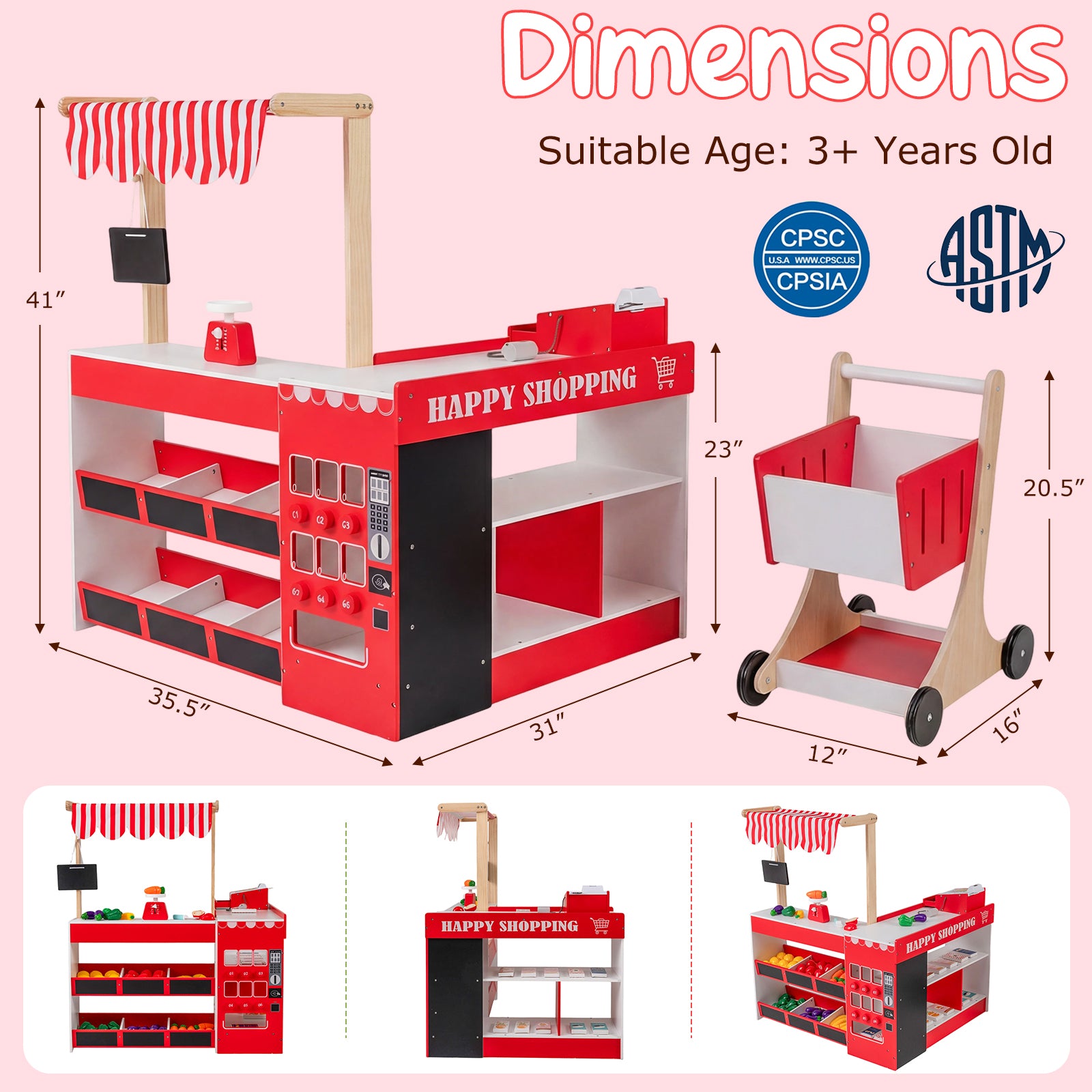Kids Grocery Store Playset Wooden Pretend Play Supermarket with Shopping Cart, Red Play Tents & Playhouse at Gallery Canada