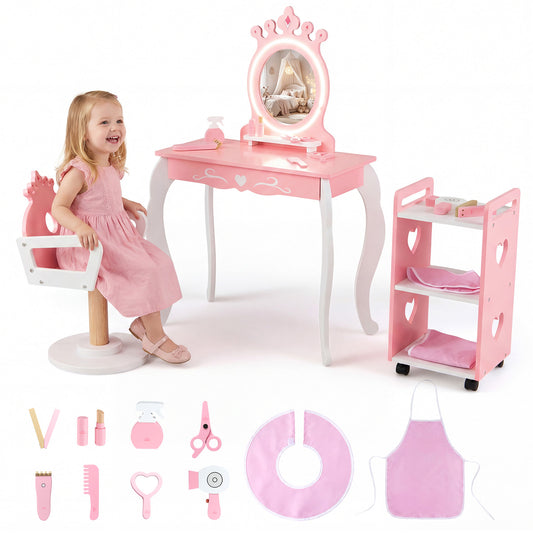 Kids Hair Salon Play Set, LED Mirror, Wooden Station, Pink Kids Vanities Pink at Gallery Canada