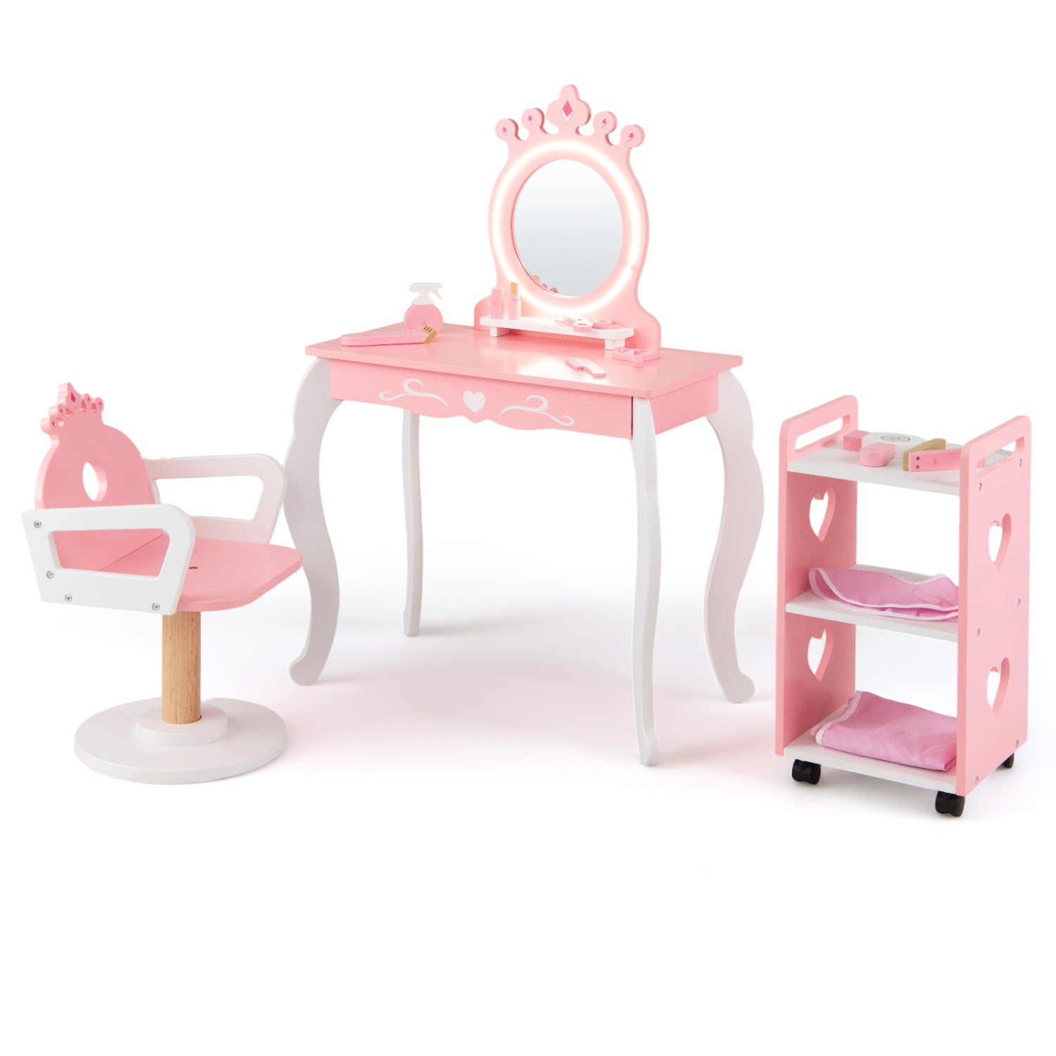 Kids Hair Salon Play Set, LED Mirror, Wooden Station, Pink Kids Vanities Pink at Gallery Canada