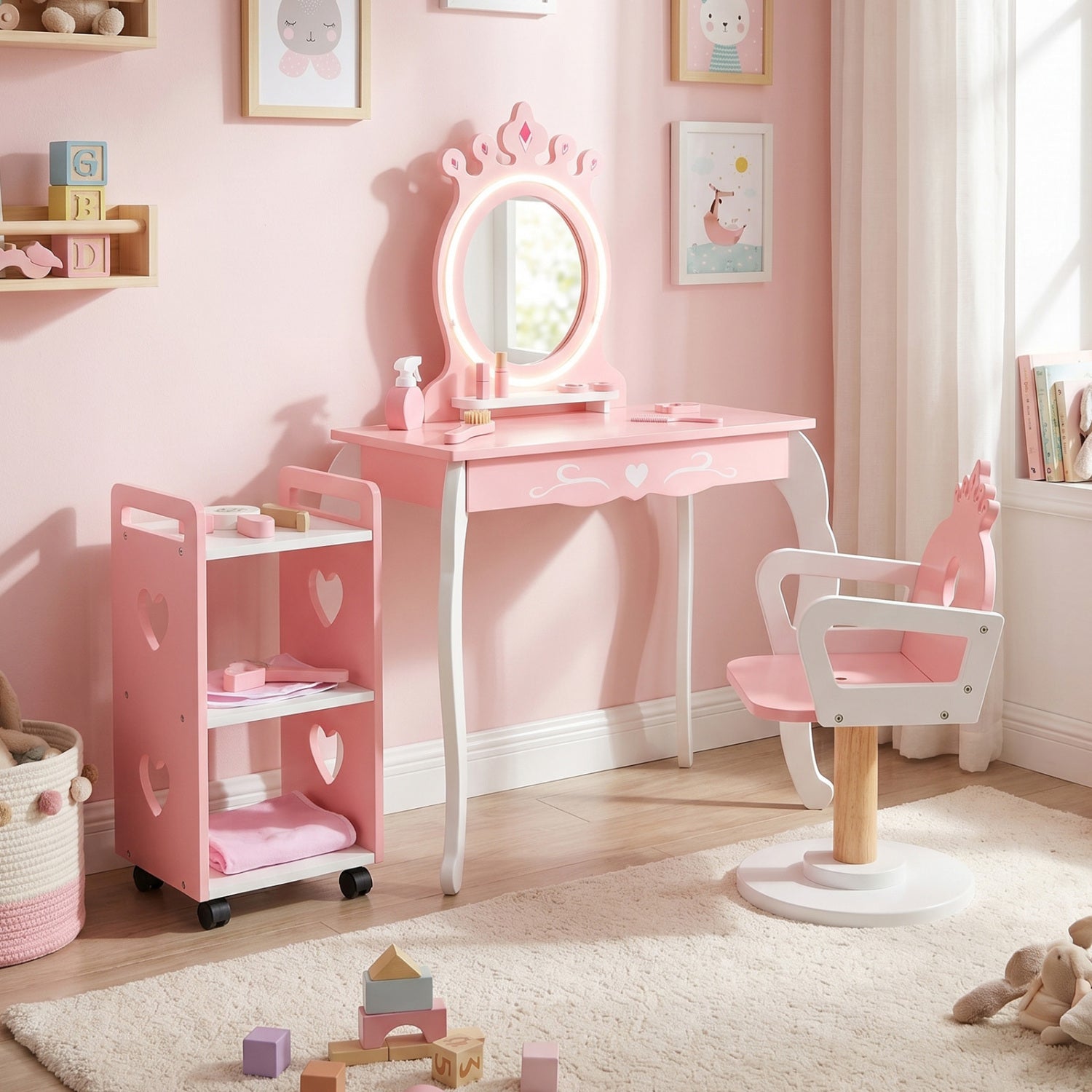 Kids Hair Salon Play Set, LED Mirror, Wooden Station, Pink Kids Vanities at Gallery Canada