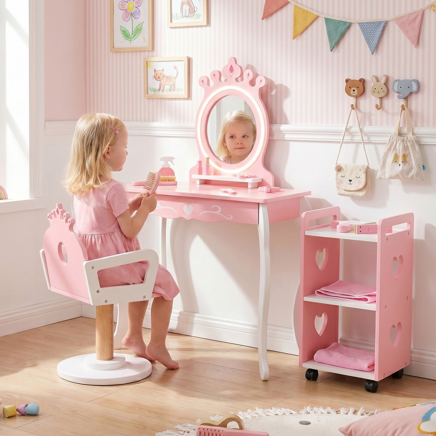 Kids Hair Salon Play Set, LED Mirror, Wooden Station, Pink Kids Vanities at Gallery Canada