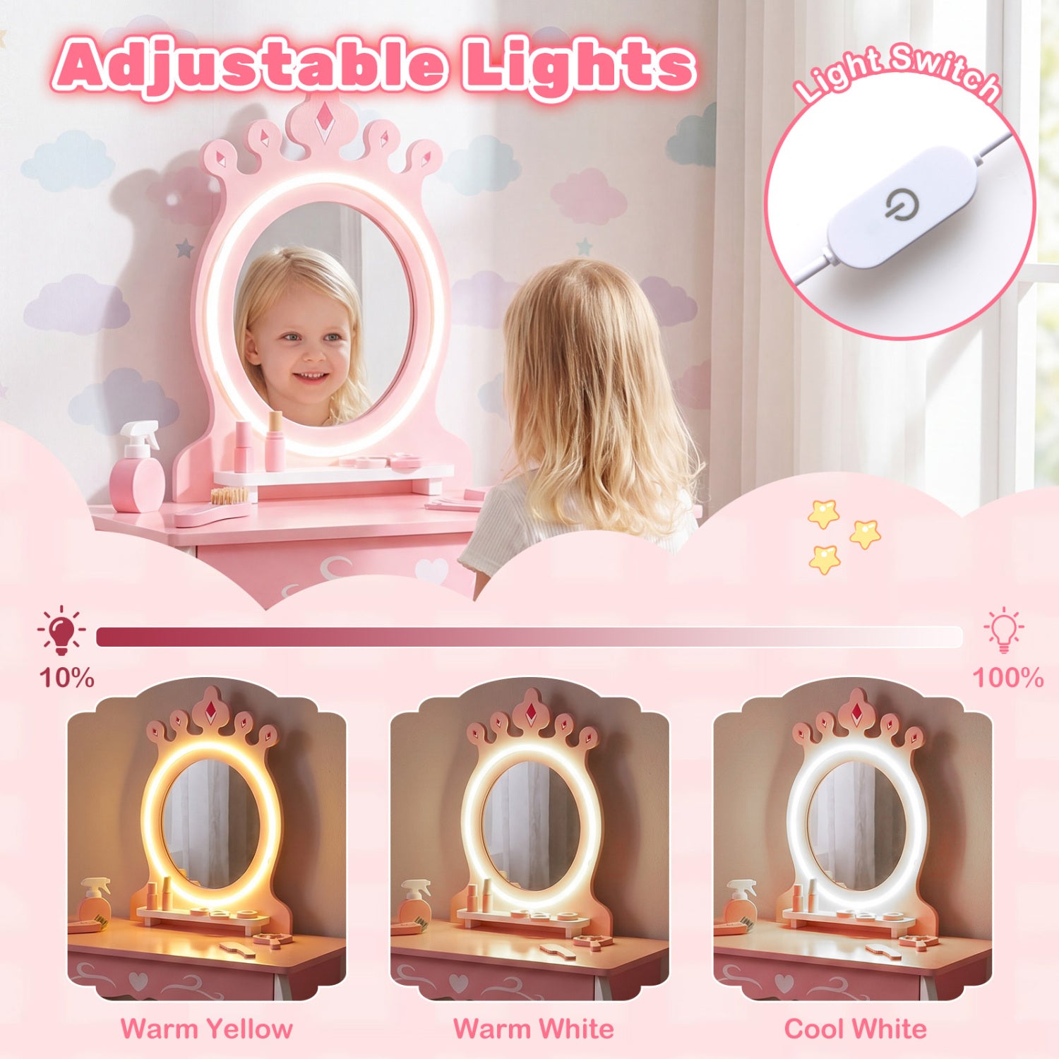 Kids Hair Salon Play Set, LED Mirror, Wooden Station, Pink Kids Vanities at Gallery Canada