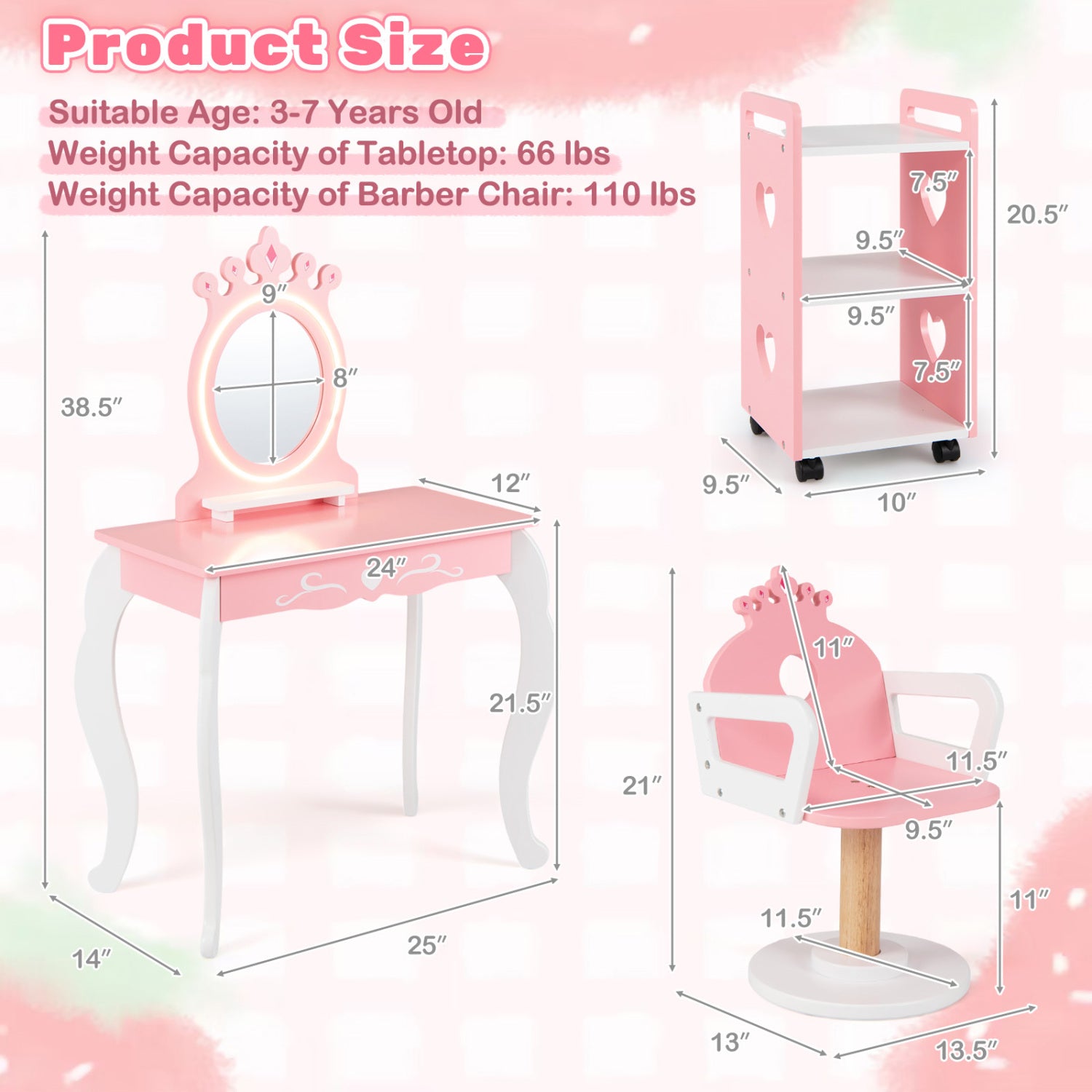 Kids Hair Salon Play Set, LED Mirror, Wooden Station, Pink Kids Vanities at Gallery Canada