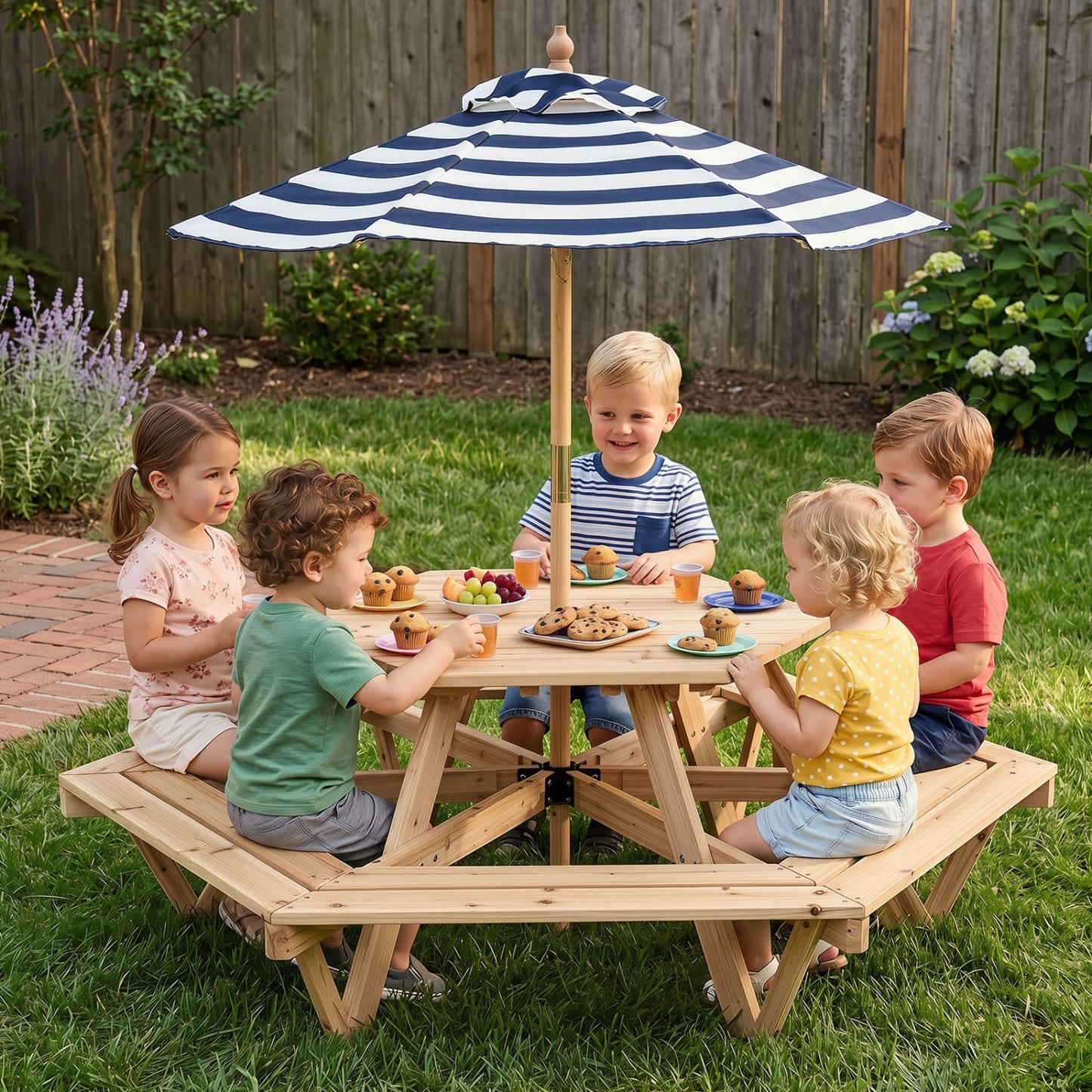 Kids Hexagonal Picnic Table with Adjustable Umbrella and Chairs, Natural