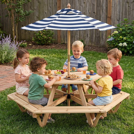 Kids Hexagonal Picnic Table with Adjustable Umbrella and Chairs, Natural