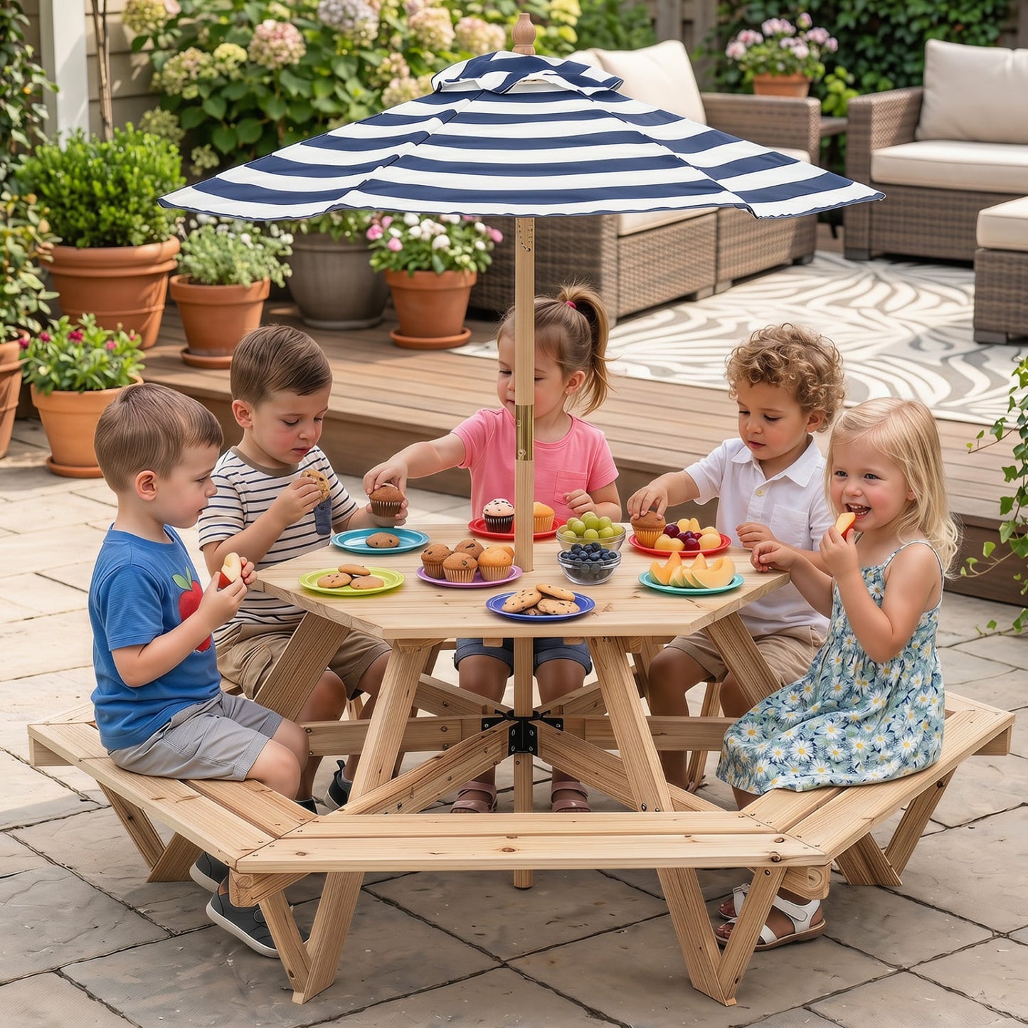 Kids Hexagonal Picnic Table with Adjustable Umbrella and Chairs, Natural
