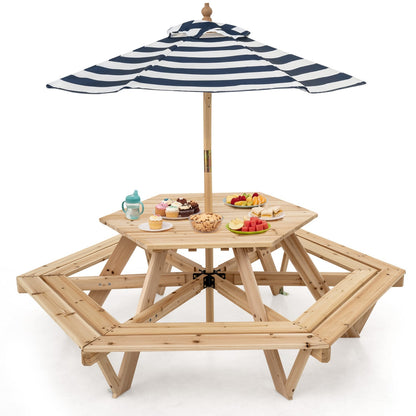 Kids Hexagonal Picnic Table with Adjustable Umbrella and Chairs, Natural
