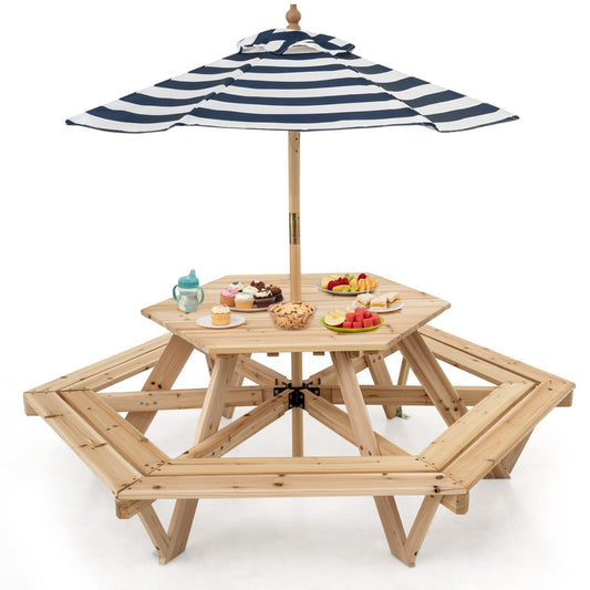 Kids Hexagonal Picnic Table with Adjustable Umbrella and Chairs, Natural