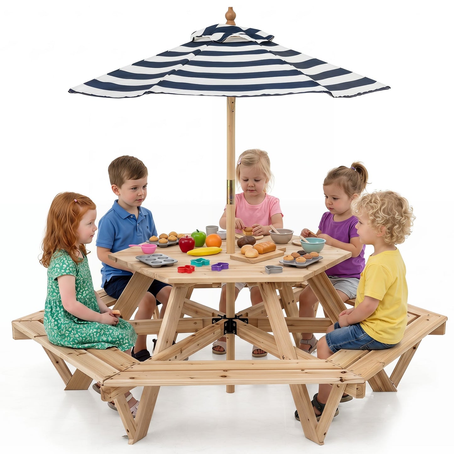 Kids Hexagonal Picnic Table with Adjustable Umbrella and Chairs, Natural