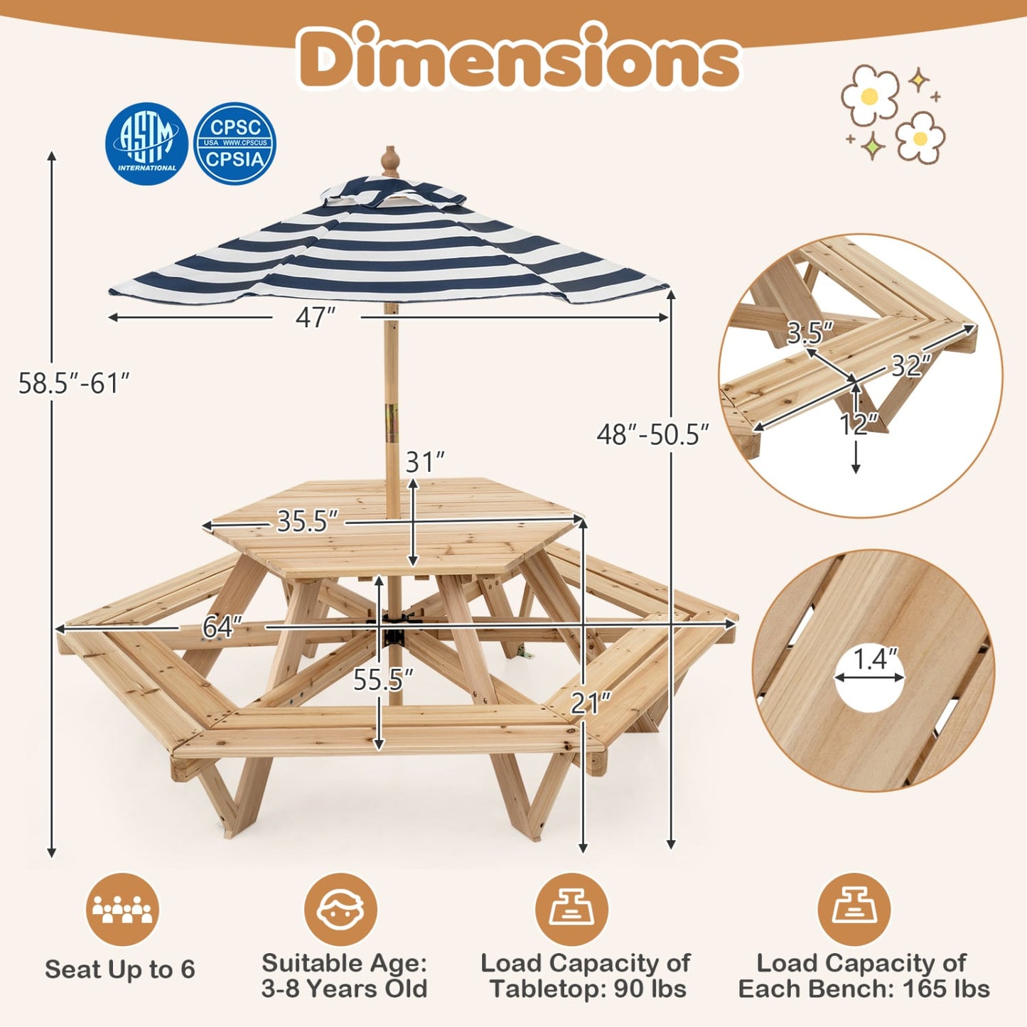 Kids Hexagonal Picnic Table with Adjustable Umbrella and Chairs, Natural