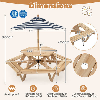 Kids Hexagonal Picnic Table with Adjustable Umbrella and Chairs, Natural