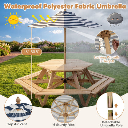 Kids Hexagonal Picnic Table with Adjustable Umbrella and Chairs, Natural