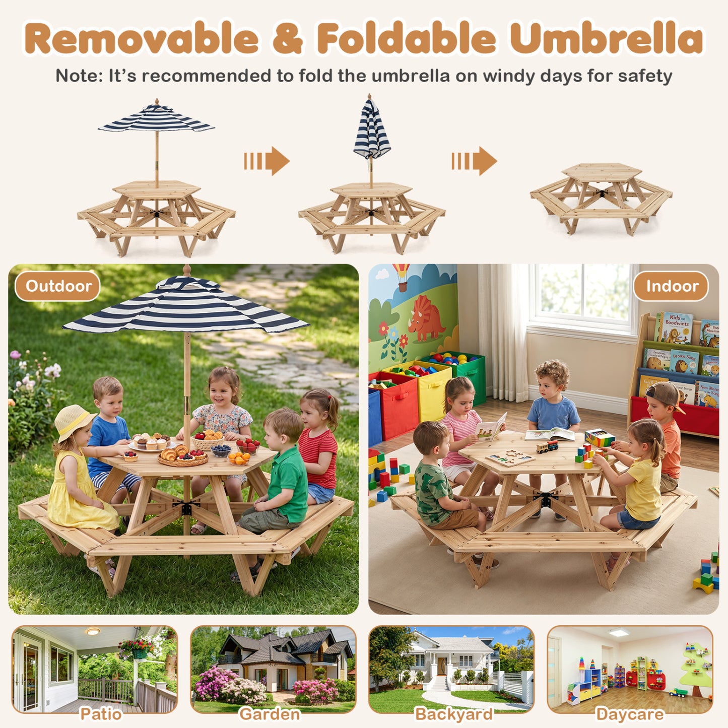 Kids Hexagonal Picnic Table with Adjustable Umbrella and Chairs, Natural