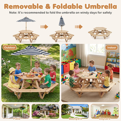 Kids Hexagonal Picnic Table with Adjustable Umbrella and Chairs, Natural