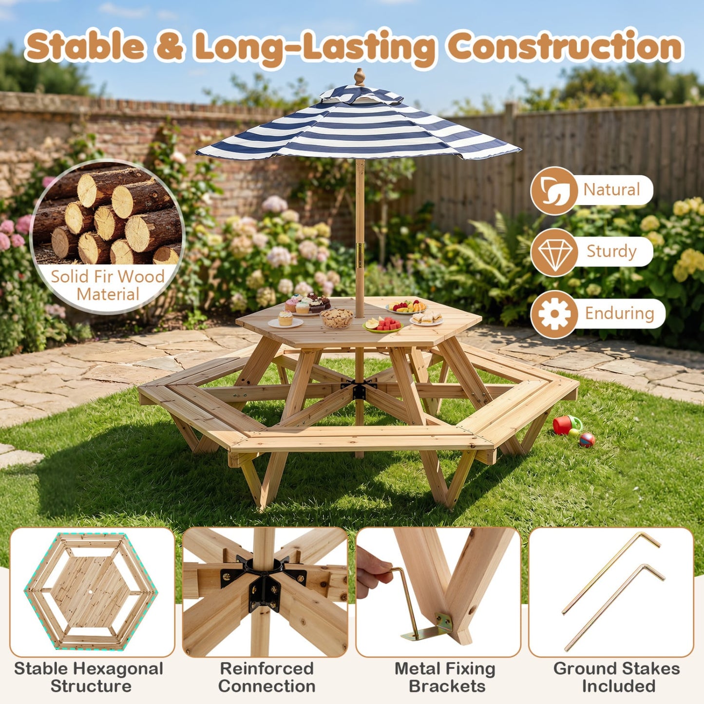 Kids Hexagonal Picnic Table with Adjustable Umbrella and Chairs, Natural