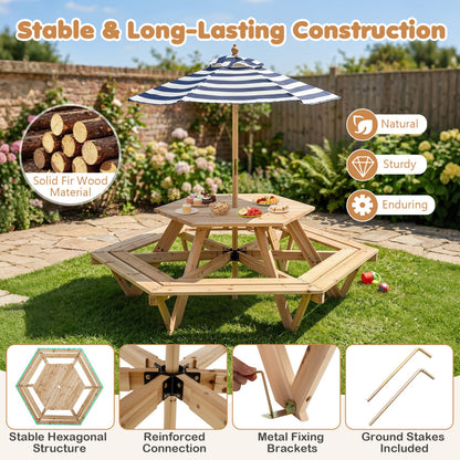 Kids Hexagonal Picnic Table with Adjustable Umbrella and Chairs, Natural