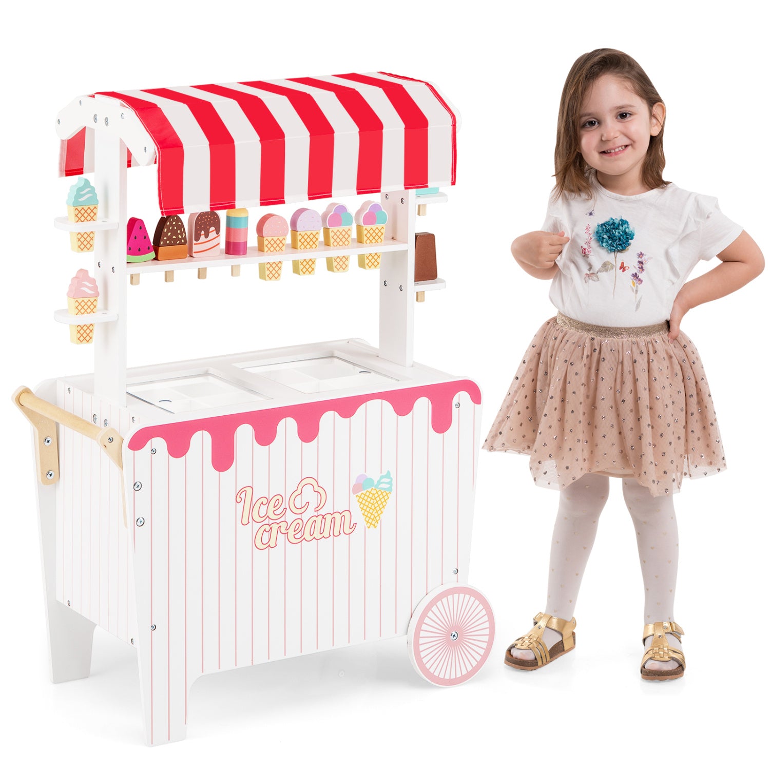 Kids Ice Cream Cart Playset with Display Rack and Accessories, Red Play Kitchen Sets at Gallery Canada