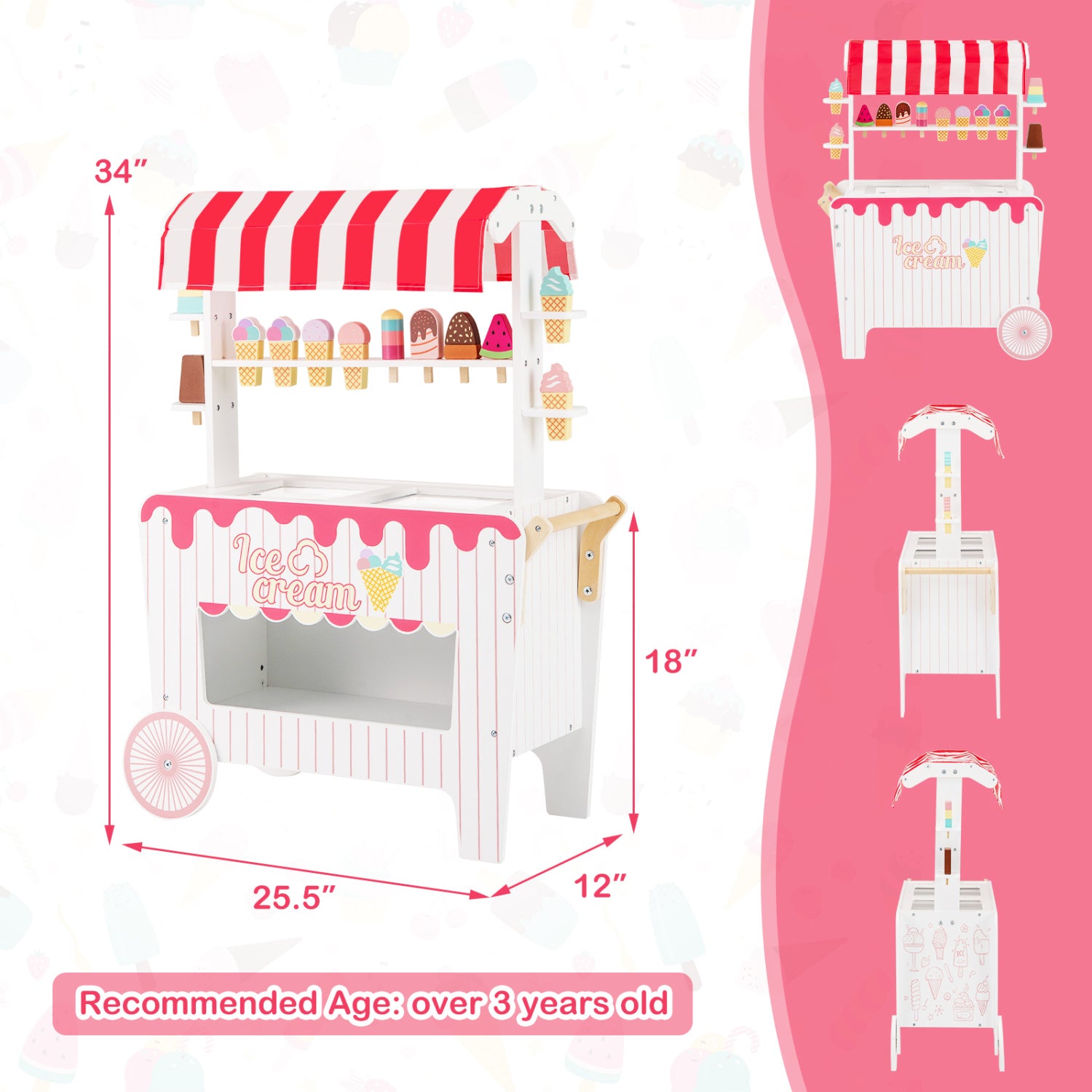 Kids Ice Cream Cart Playset with Display Rack and Accessories, Red Play Kitchen Sets at Gallery Canada