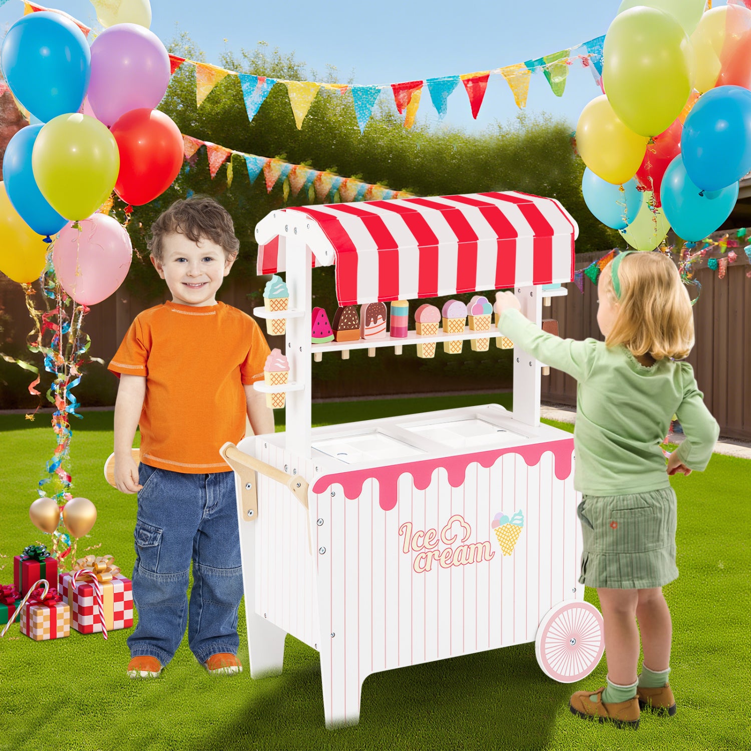 Kids Ice Cream Cart Playset with Display Rack and Accessories, Red Play Kitchen Sets at Gallery Canada