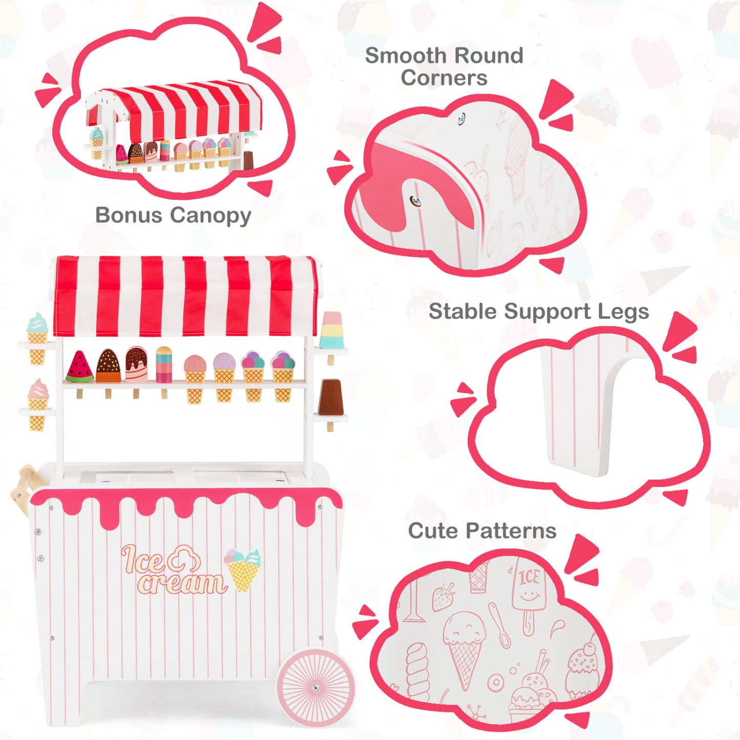 Kids Ice Cream Cart Playset with Display Rack and Accessories, Red Play Kitchen Sets at Gallery Canada