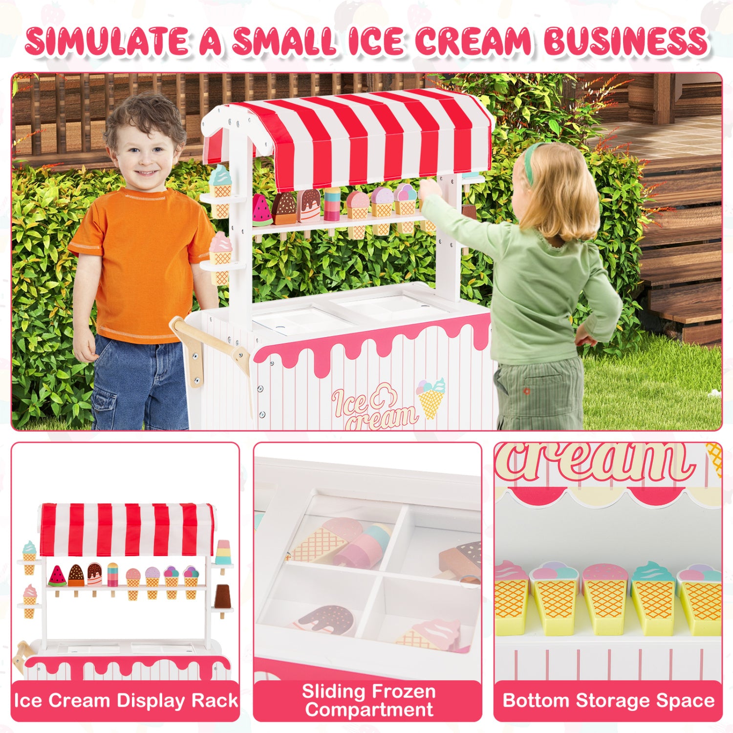 Kids Ice Cream Cart Playset with Display Rack and Accessories, Red Play Kitchen Sets at Gallery Canada