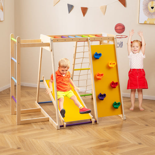 Kids Indoor Playground 6-in-1 Jungle Gym for 3-14 Years Olds-Rainbow, Multicolor