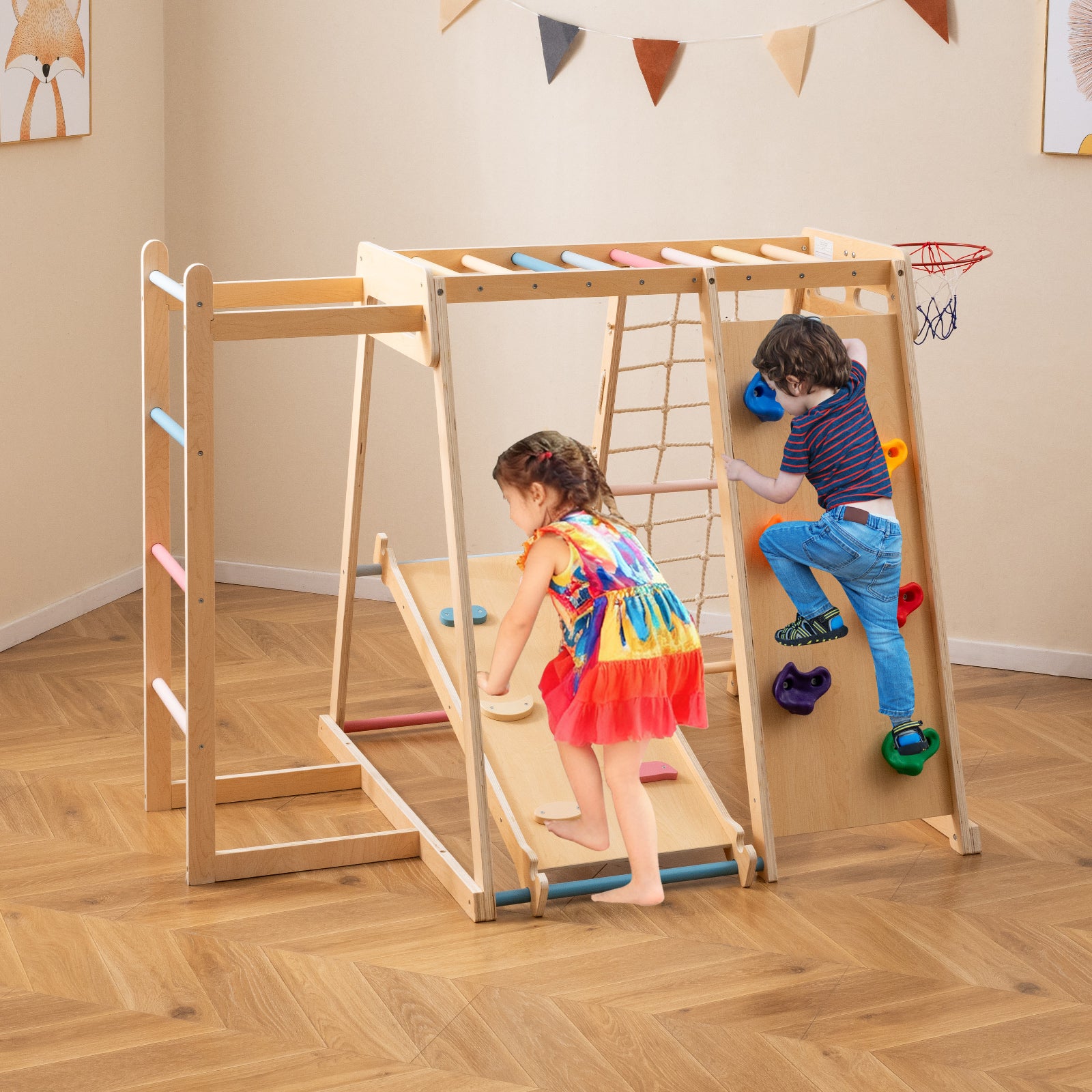 Kids Indoor Playground 6-in-1 Jungle Gym for 3-14 Years Olds, Macaron Climbers & Slides at Gallery Canada